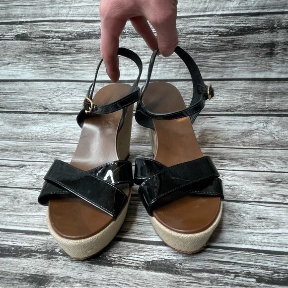J. Crew Womens Patent Leather Canvas Wedge Sandals 7 Beige Black Made in Italy - Picture 2 of 13